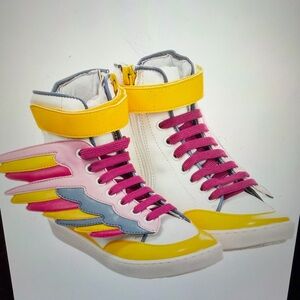 Stella McCartney White High-Top Wing Sneakers with Pink, Yellow & Blue Accents
